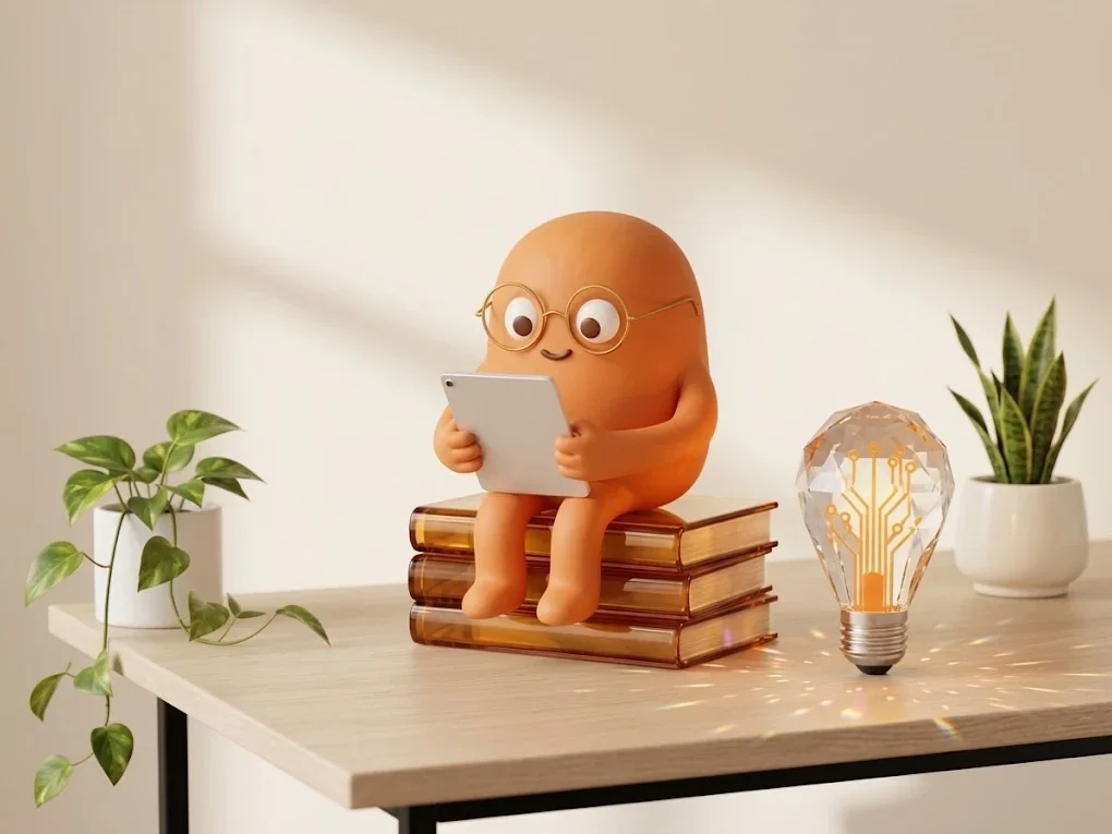 An orange mascot with glasses reads a tablet on a stack of amber glass books, on a light oak desk beside a glowing crystal light bulb and two potted plants