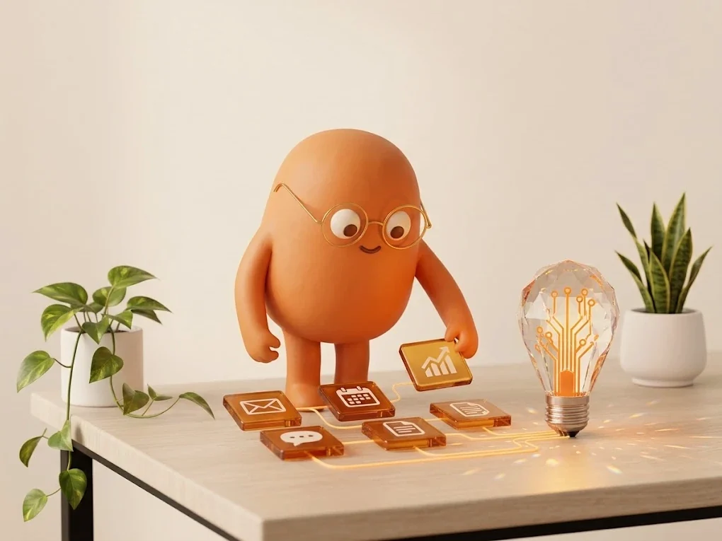An orange mascot with glasses arranges amber glass tiles for email, calendar, chat, documents and reports on a light oak desk, linked by glowing lines to a crystal light bulb
