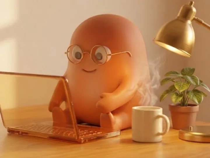 The orange mascot in glasses working at a laptop on a wood desk