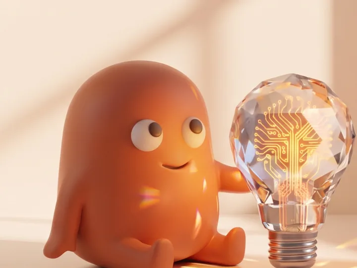 The orange mascot smiling beside a glowing crystal light bulb